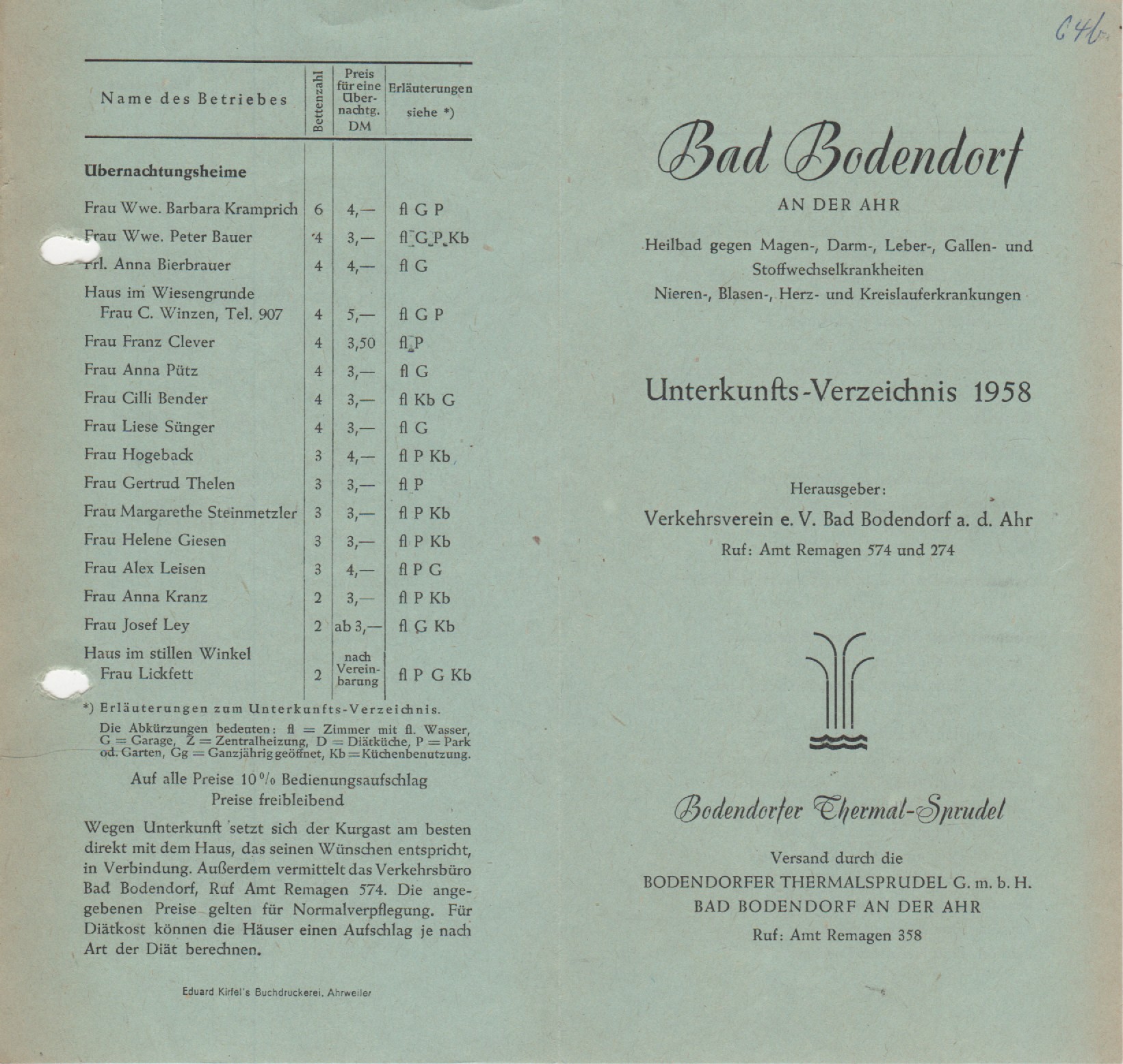 Unterkunfts-Verzeichnis 1958 von Bad Bodendorf (Heimatmuseum und -Archiv Bad Bodendorf CC BY-NC-SA)