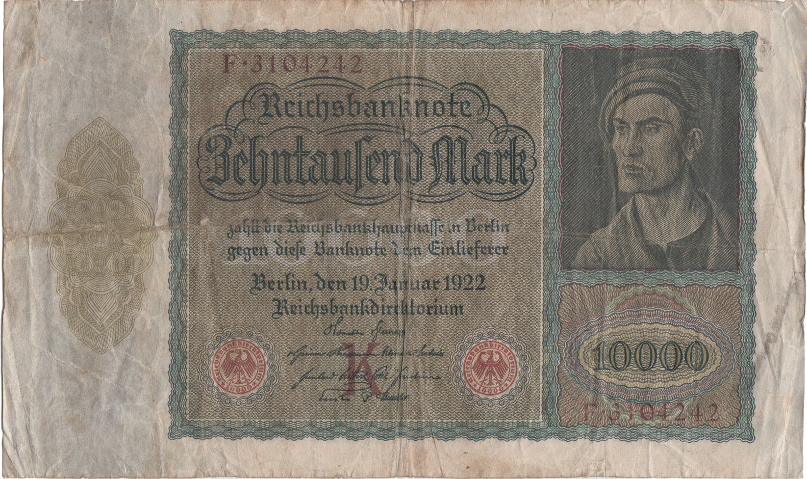 Banknote über Zehntaused Mark von 1922 (Heimatmuseum und -Archiv Bad Bodendorf CC BY-NC-SA)