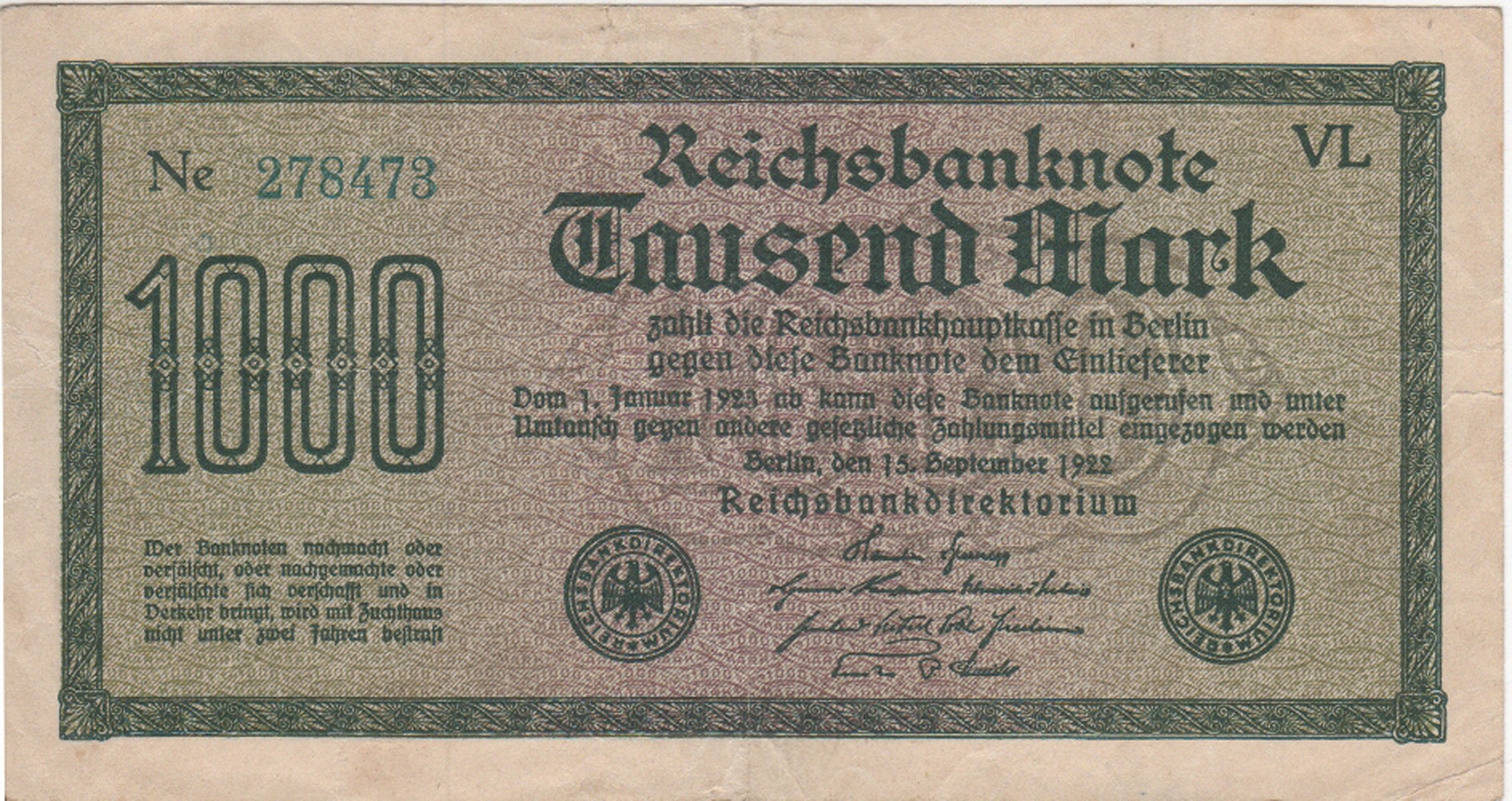 Banknote über Zehntaused Mark von 1922 (Heimatmuseum und -Archiv Bad Bodendorf CC BY-NC-SA)