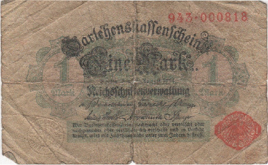 Darlehnskassenschein über 1 Mark 1914 (Heimatmuseum und -Archiv Bad Bodendorf CC BY-NC-SA)