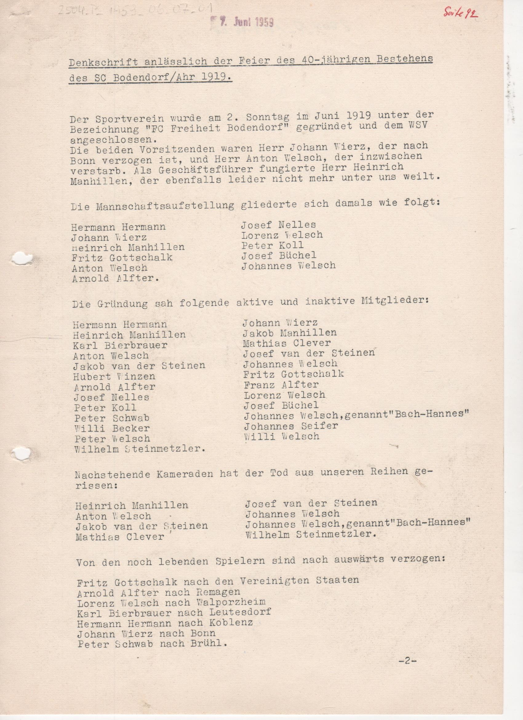 Denkschrift anläßlich der Feier des 40-jährigen Bestehens des SC Bodendorf/Ahr 1919 (Heimatmuseum und -Archiv Bad Bodendorf CC BY-NC-SA)