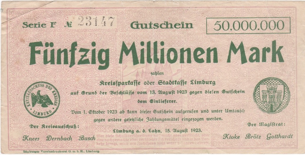 Fünfzig Millonen Mark Schein von 1923 der Kreiskasse Limburg (Heimatmuseum und -Archiv Bad Bodendorf CC BY-NC-SA)