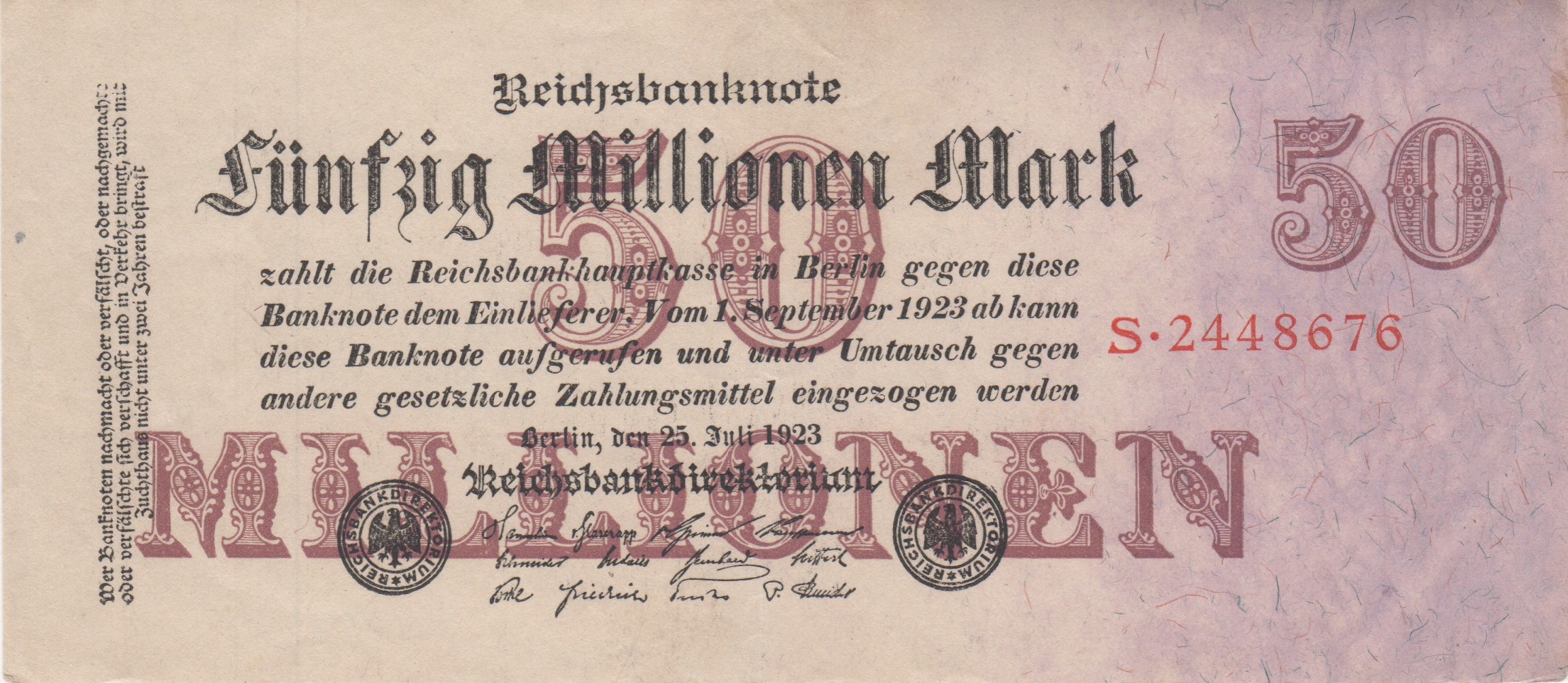 Fünfzig Millonen Mark Schein von 1923 der Reichsbank (Heimatmuseum und -Archiv Bad Bodendorf CC BY-NC-SA)