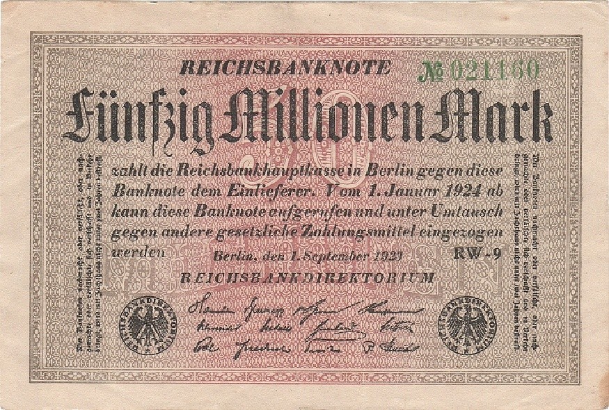Fünfzig Millonen Mark Schein von 1923 der Reichsbank Berlin (Heimatmuseum und -Archiv Bad Bodendorf CC BY-NC-SA)