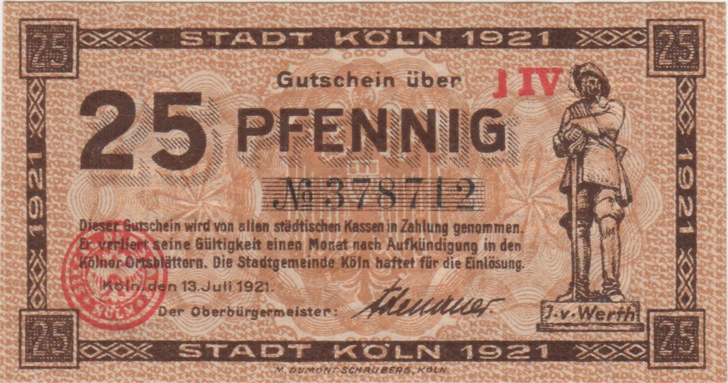 Gutschein über 25 Pfennig der Stadt Köln von 1921 (Heimatmuseum und -Archiv Bad Bodendorf CC BY-NC-SA)