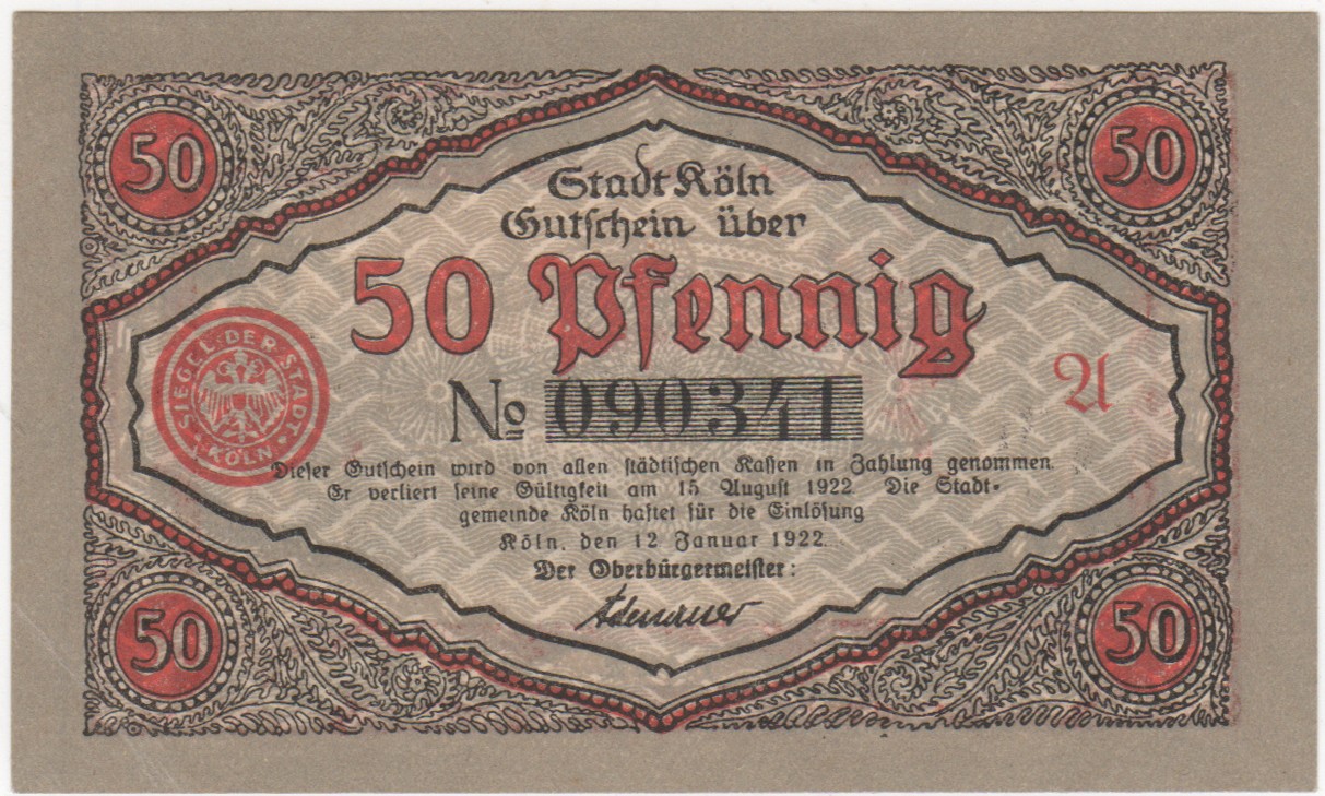 Gutschein über 50 Pfennig der Stadt Köln von 1922 (Heimatmuseum und -Archiv Bad Bodendorf CC BY-NC-SA)