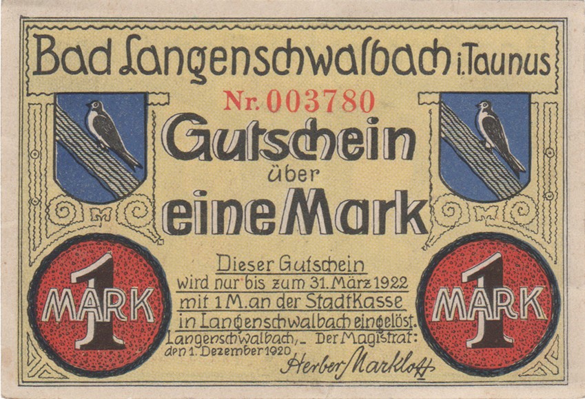 Gutschein über eine Mark Bad Langenschwalbach i. Taunus (Heimatmuseum und -Archiv Bad Bodendorf CC BY-NC-SA)