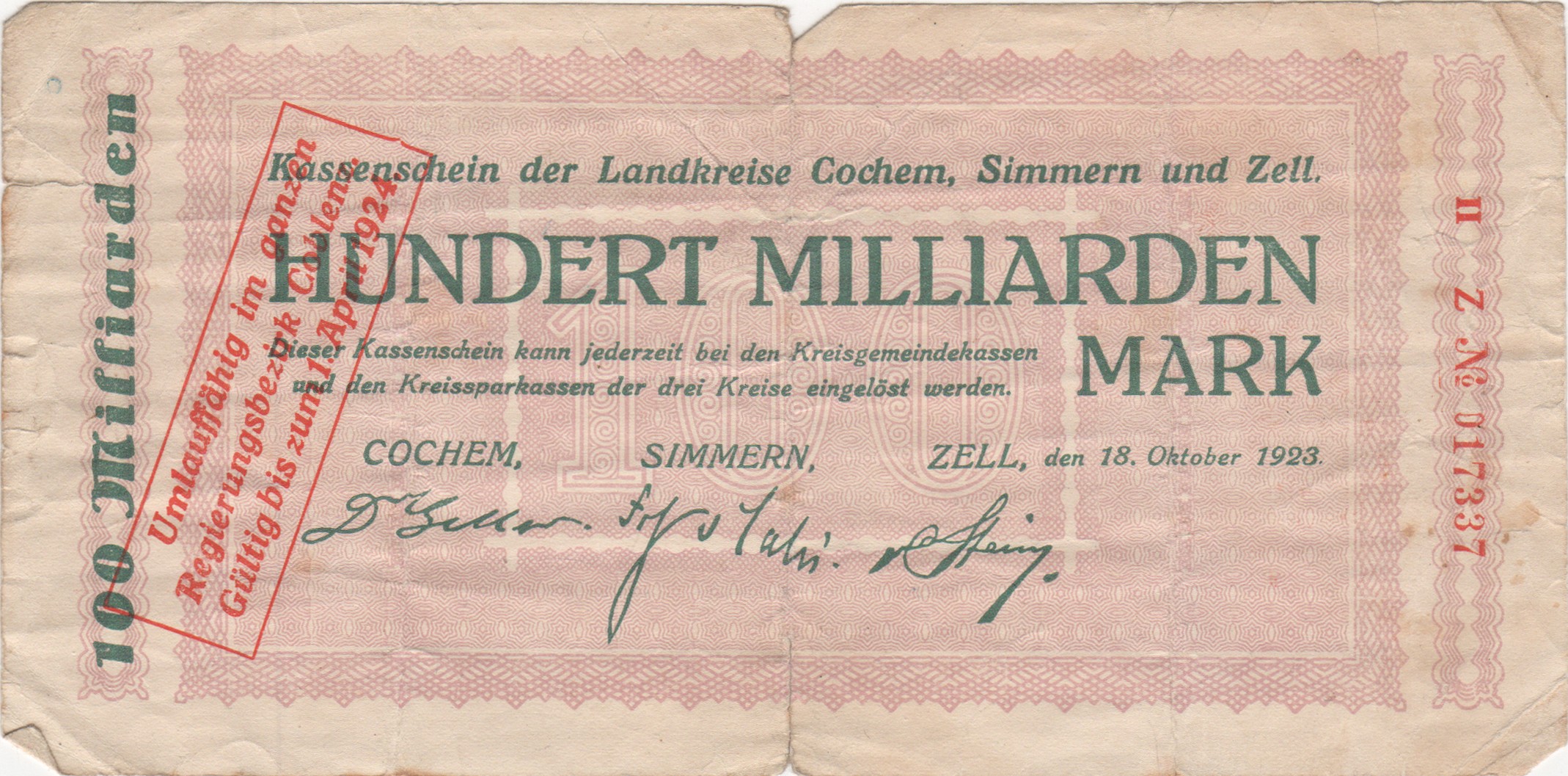 Hundert Milliarden Mark Kassenschein der Landkreise Cochen, Simmern und Zell von 1923 (Heimatmuseum und -Archiv Bad Bodendorf CC BY-NC-SA)