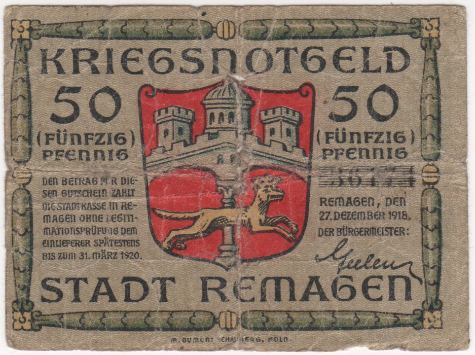 Kriegsnotgeld 50 Pfennig Stadt Remagen 1918 (Heimatmuseum und -Archiv Bad Bodendorf CC BY-NC-SA)