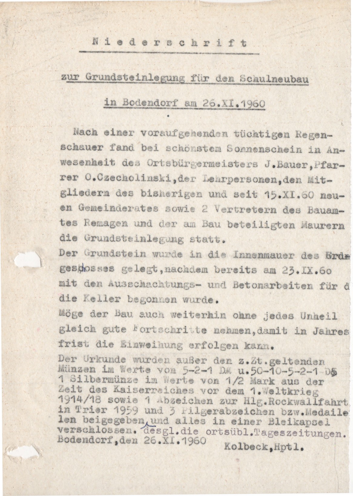 Niederschrift zur Grundsteinlegung für den Schulneubau in Bodendorf (Heimatmuseum und -Archiv Bad Bodendorf CC BY-NC-SA)