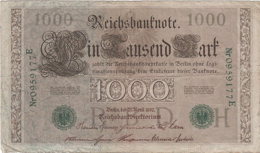 Reichsbanknote Eintausend Mark von 1910 (Heimatmuseum und -Archiv Bad Bodendorf CC BY-NC-SA)