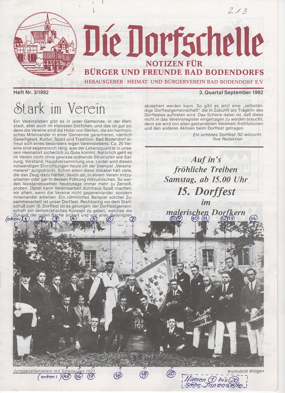 Titelseite der Dorfschelle mit Foto Junggesellenverein mit Spielleuten von 1927 (Heimatmuseum und -Archiv Bad Bodendorf CC BY-NC-SA)