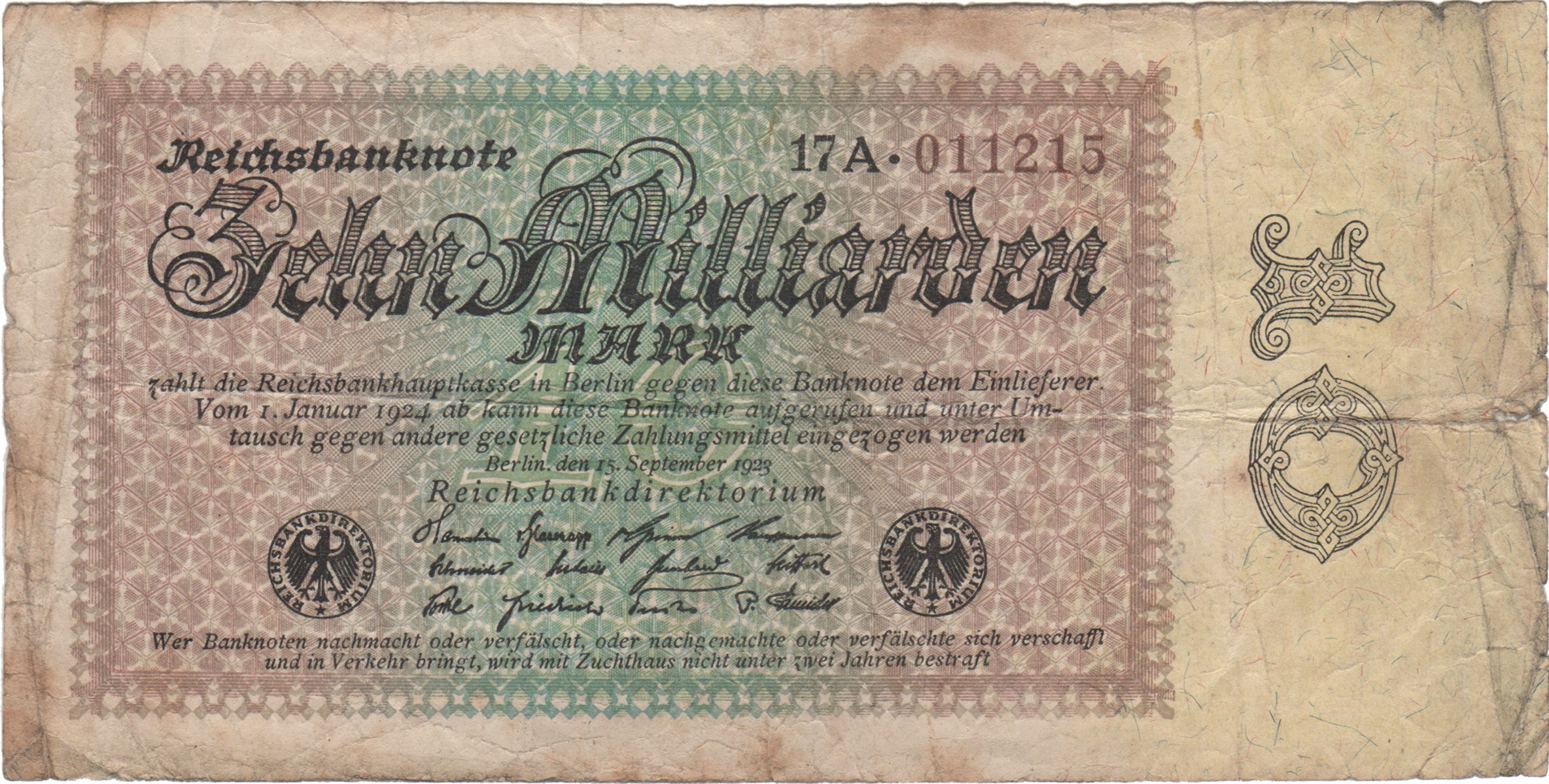 Zehnmilliarden Mark Schein von 1923 (Heimatmuseum und -Archiv Bad Bodendorf CC BY-NC-SA)