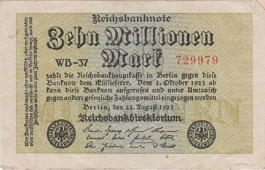 Zenh Millonen Mark Schein von 1923 der Reichsbank Berlin (Heimatmuseum und -Archiv Bad Bodendorf CC BY-NC-SA)
