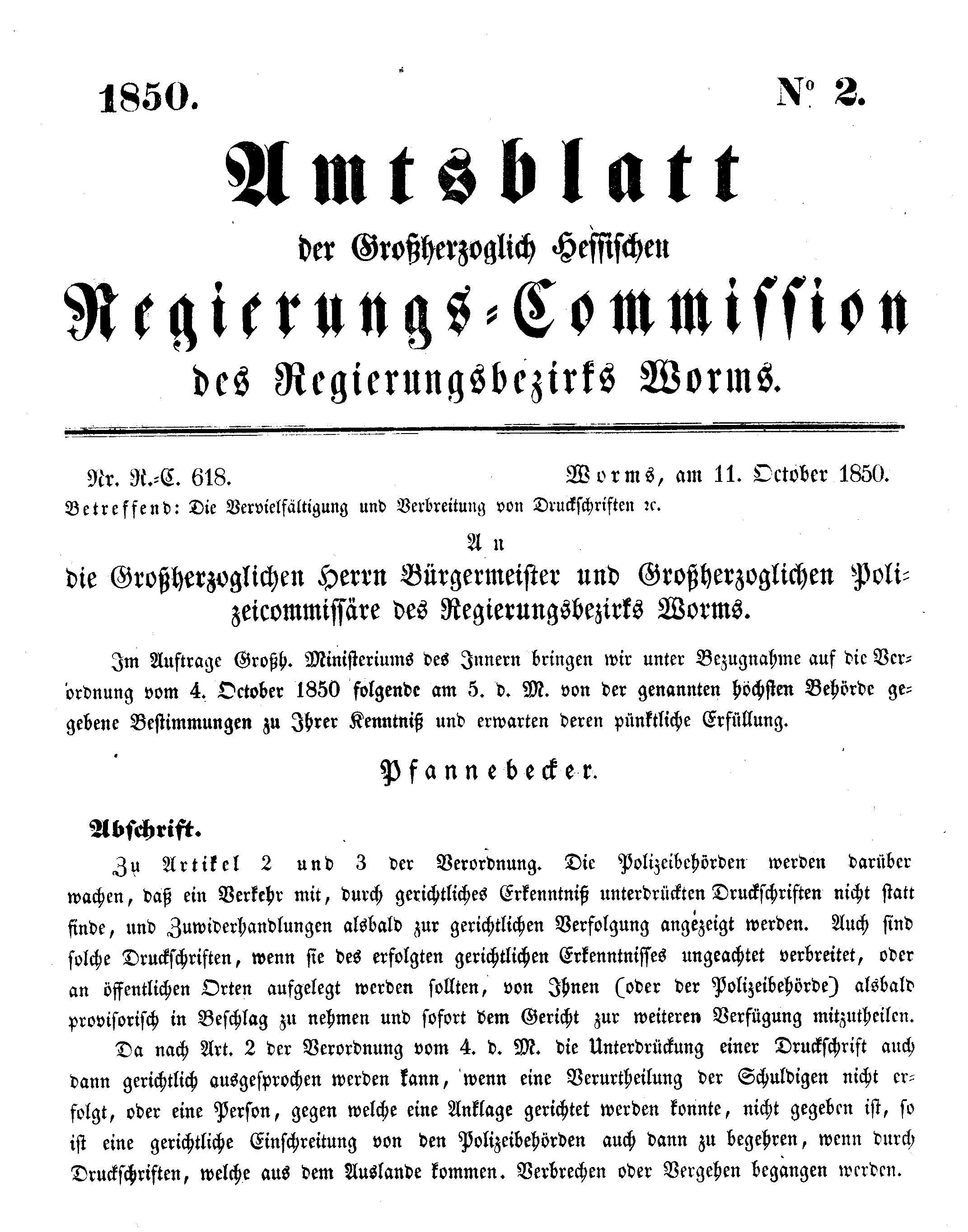 Amtsblatt des Regierungsbezirk Worms 1850- 1851 (Kulturverein Guntersblum CC BY-NC-SA)
