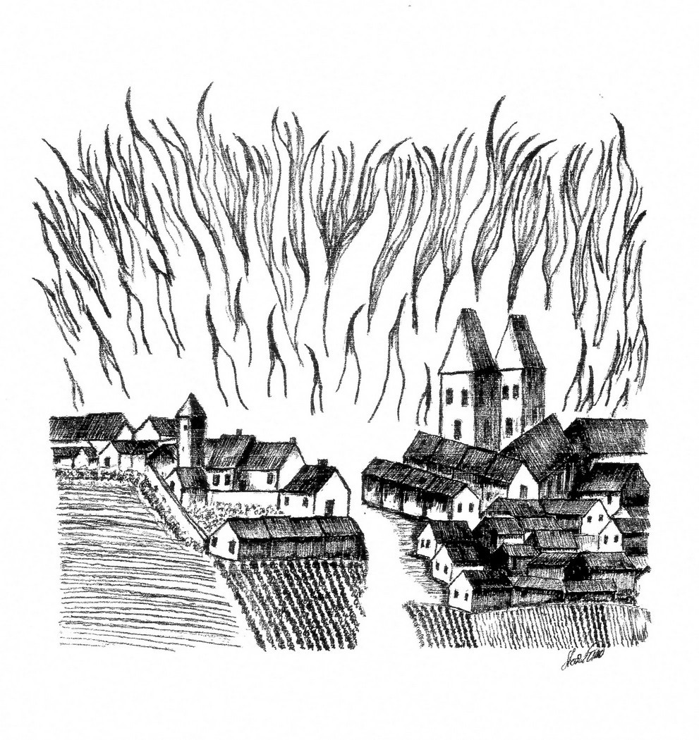 Bleistiftzeichnung brennendes Guntersblum 1620 (Kulturverein Guntersblum CC BY-NC-SA)