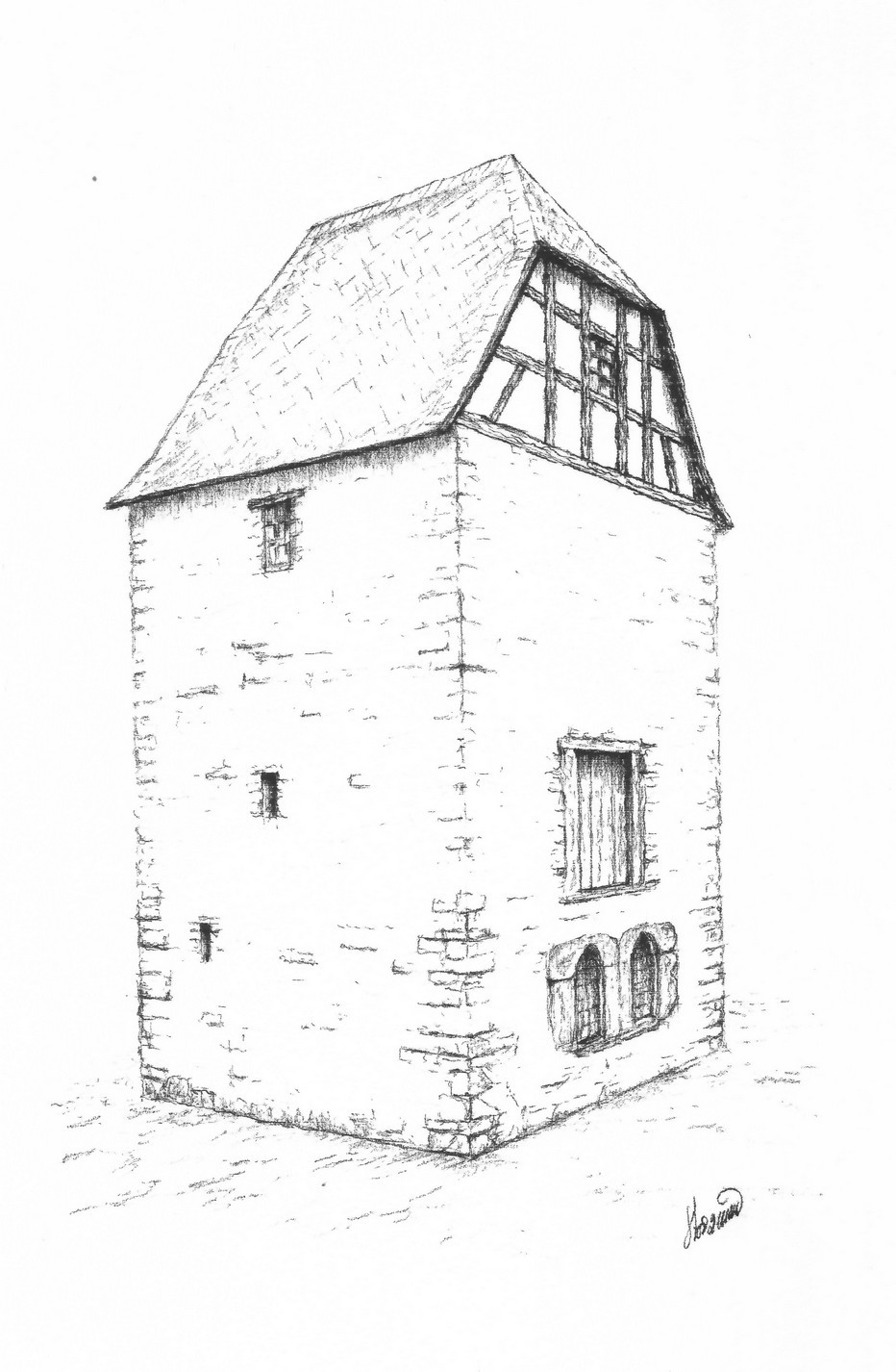 Bleistiftzeichnung Rekonstruktion des Guntersblumer Wohnturms (Kulturverein Guntersblum CC BY-NC-SA)