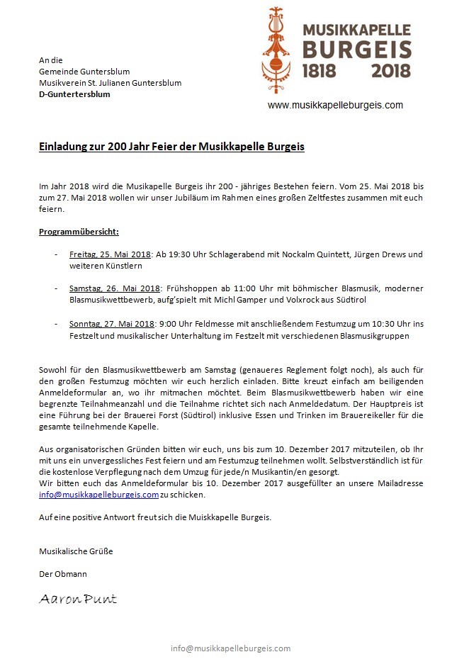 Einladung zur 200 Jahrfeier der Musikkapelle Burgeis 2018 (Kulturverein Guntersblum CC BY-NC-SA)