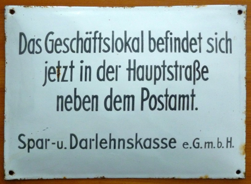 Emailleschild der Spar- u. Darlehnskasse Guntersblum (Kulturverein Guntersblum CC BY-NC-SA)