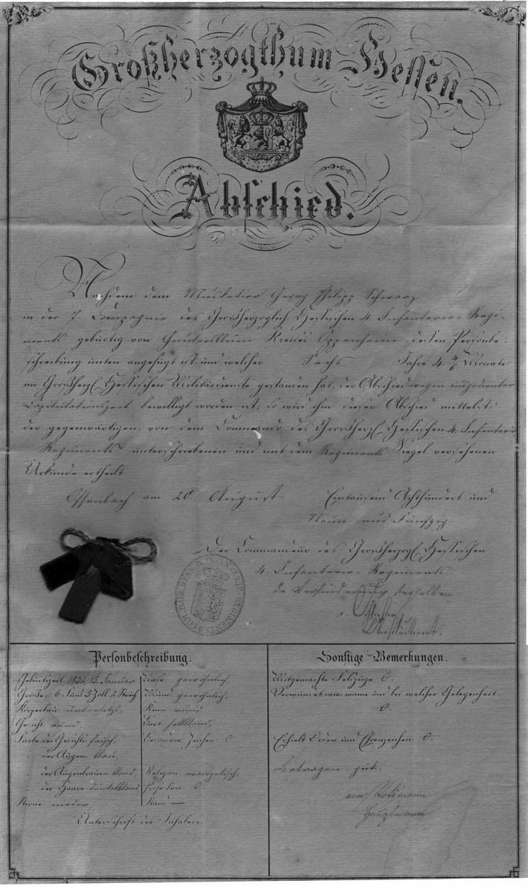 Entlassungsurkunde aus dem großherzoglichen hessischen Militärdienst (Kulturverein Guntersblum CC BY-NC-SA)