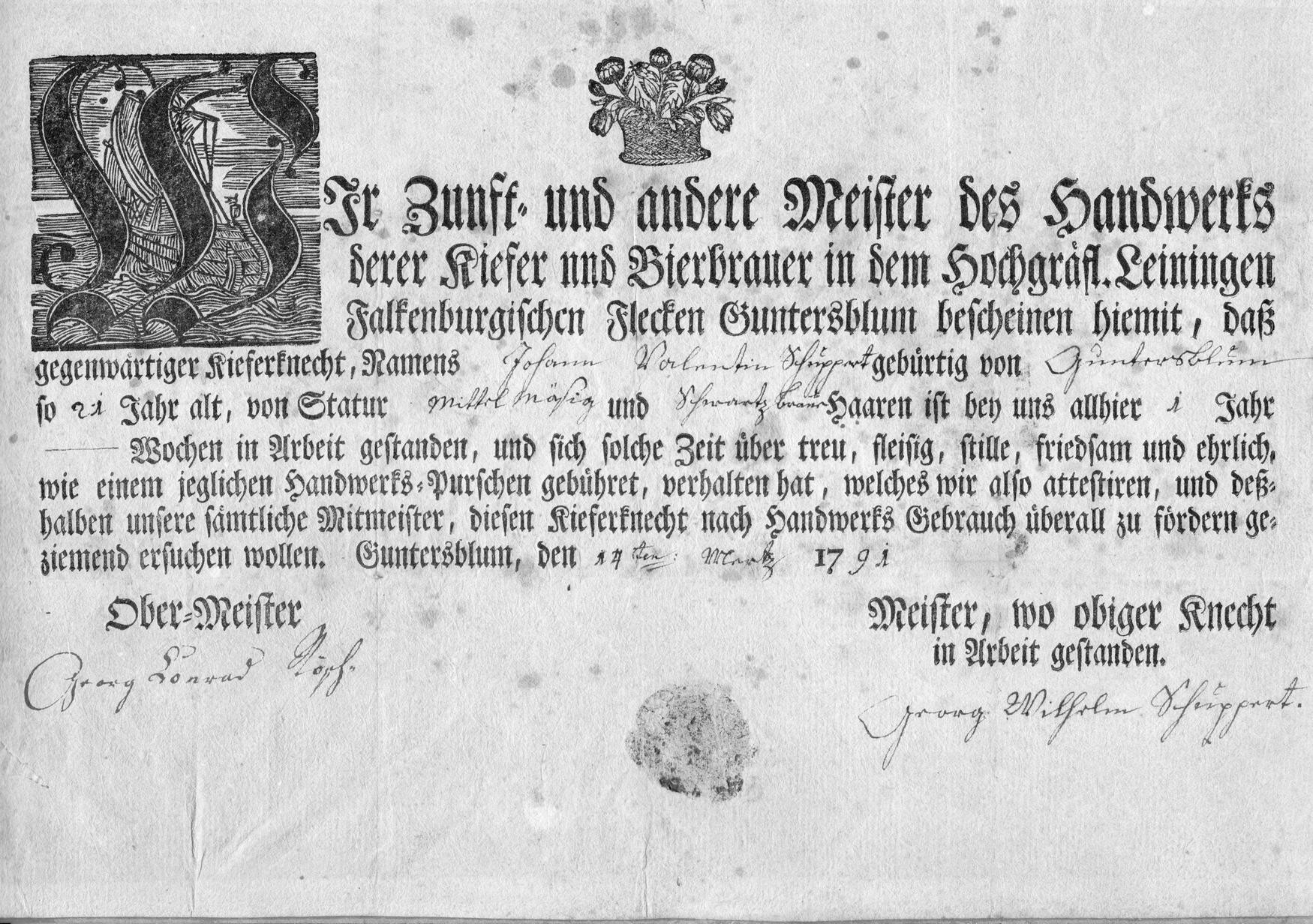 Küfer Arbeitszeugnis 1791 für Johann Valentin Schuppert (Kulturverein Guntersblum CC BY-NC-SA)