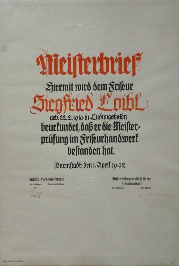 Meisterbrief vom Friseur Siegfried Loibl Guntersblum (Kulturverein Guntersblum CC BY-NC-SA)