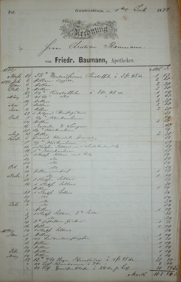 Rechnung des Apothekers Friedrich Baumann, Guntersblum (Kulturverein Guntersblum CC BY-NC-SA)