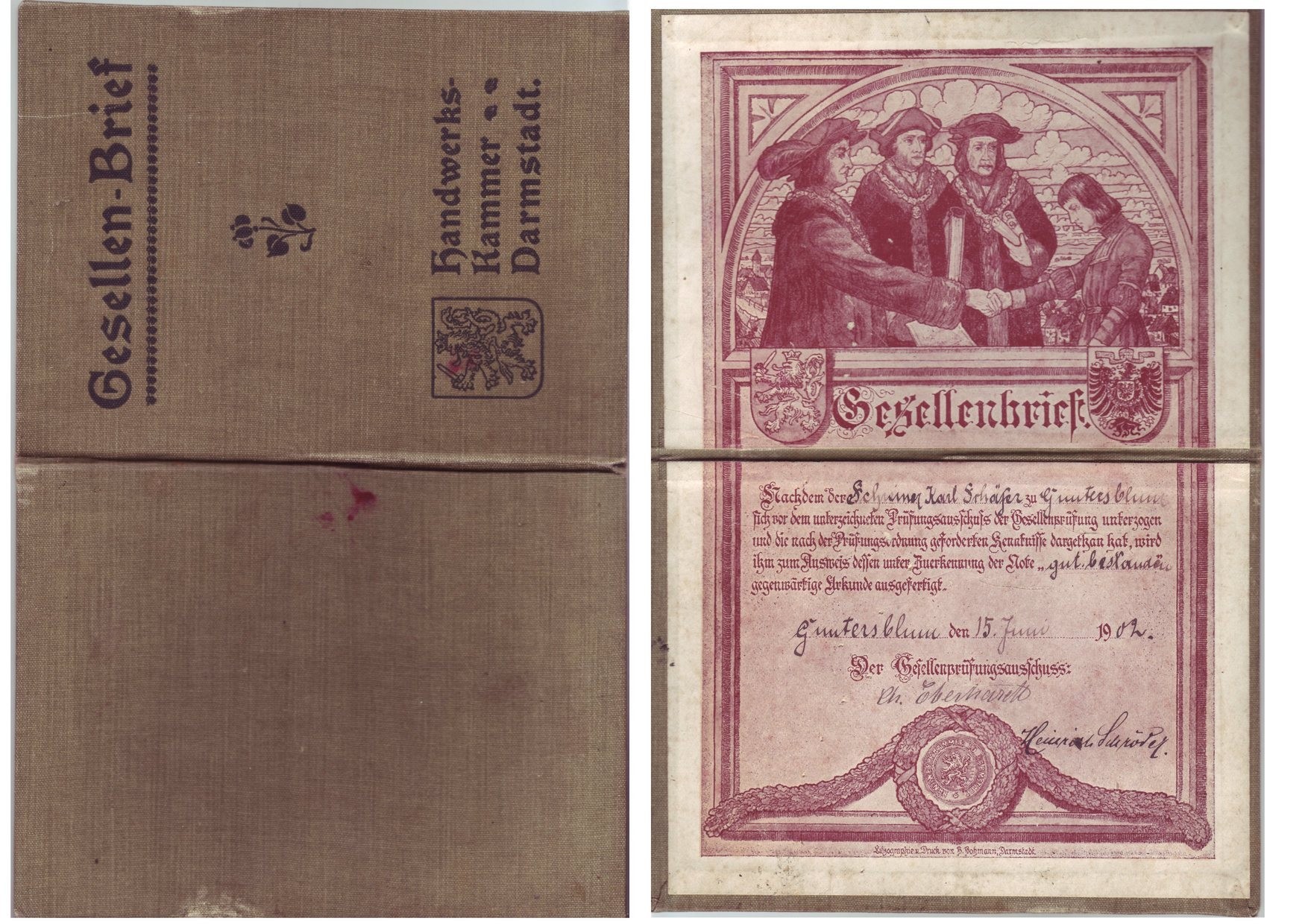 Schreiner Gesellenbrief 1902 (Kulturverein Guntersblum CC BY-NC-SA)