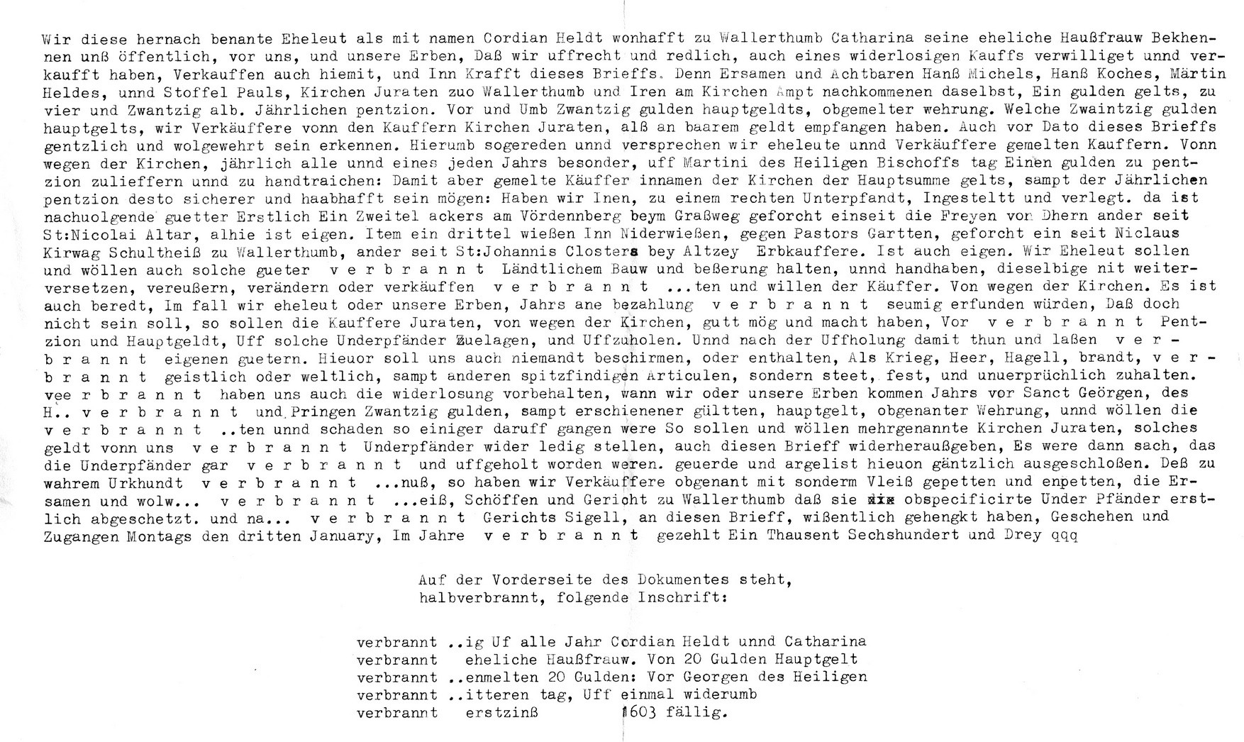 Transkription der Urkunde Wallertheim 1603 (Kulturverein Guntersblum CC BY-NC-SA)