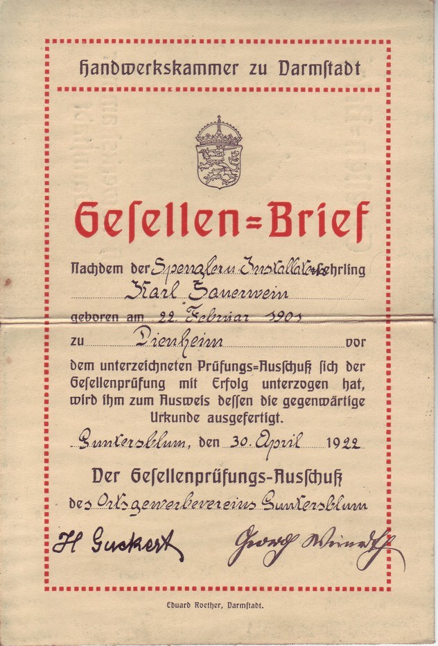 Gesellenbrief von Karl Sauerwein (Kulturverein Guntersblum CC BY-NC-SA)