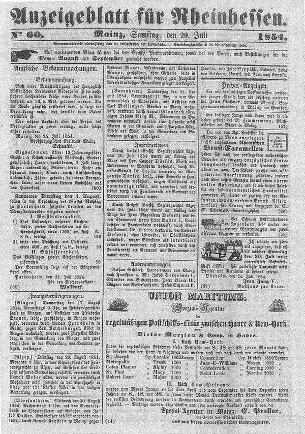 Veröffentlichungen von Wilhelm Weinerth im Anzeigenblatt von Rheinhessen 1854 - 1856 über guntersblumer Geschichte (Kulturverein Guntersblum CC BY-NC-SA)