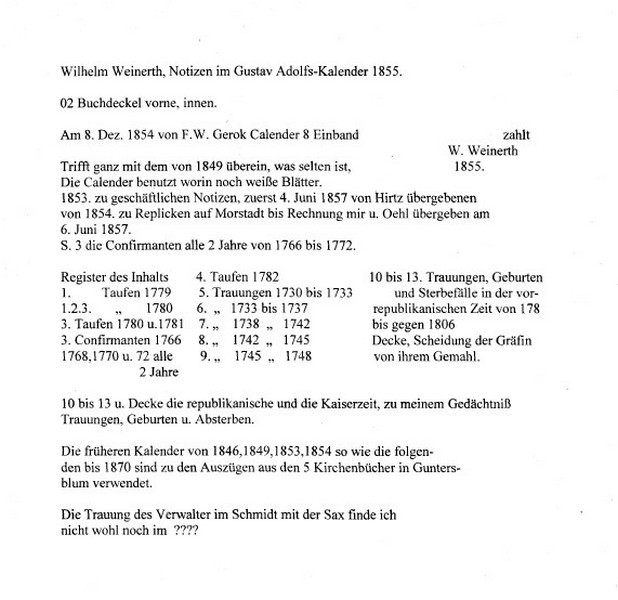 Wilhelm Weinerths Aufzeichnungen im Gustav Adolf Kalender 1855 (Kulturverein Guntersblum CC BY-NC-SA)