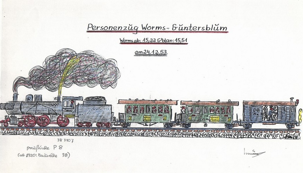 Zeichnung Personenzug Sonderfahrt mit P8 Lokomotive (Kulturverein Guntersblum CC BY-NC-SA)