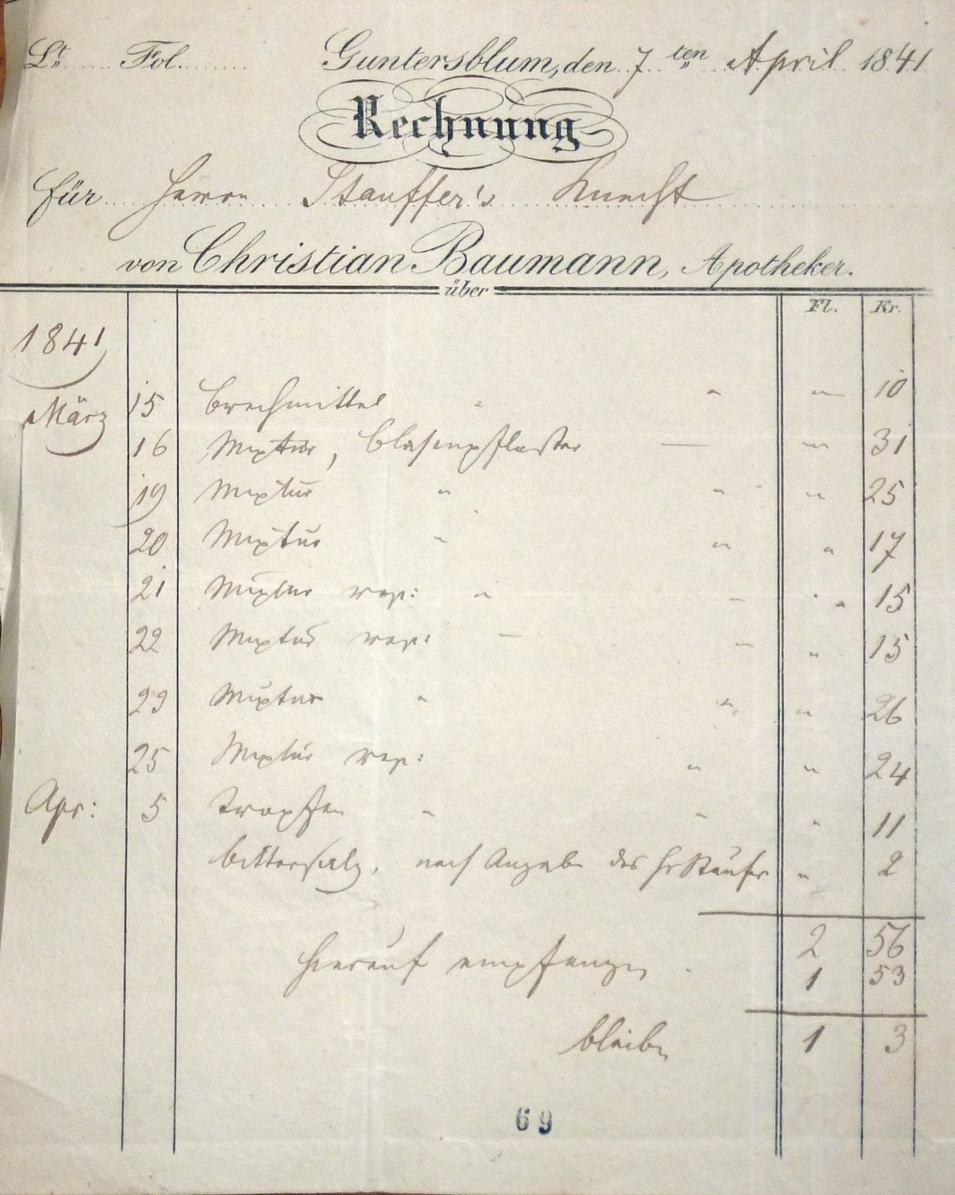 Apotheker Rechnung von 1841 (Kulturverein Guntersblum CC BY-NC-SA)