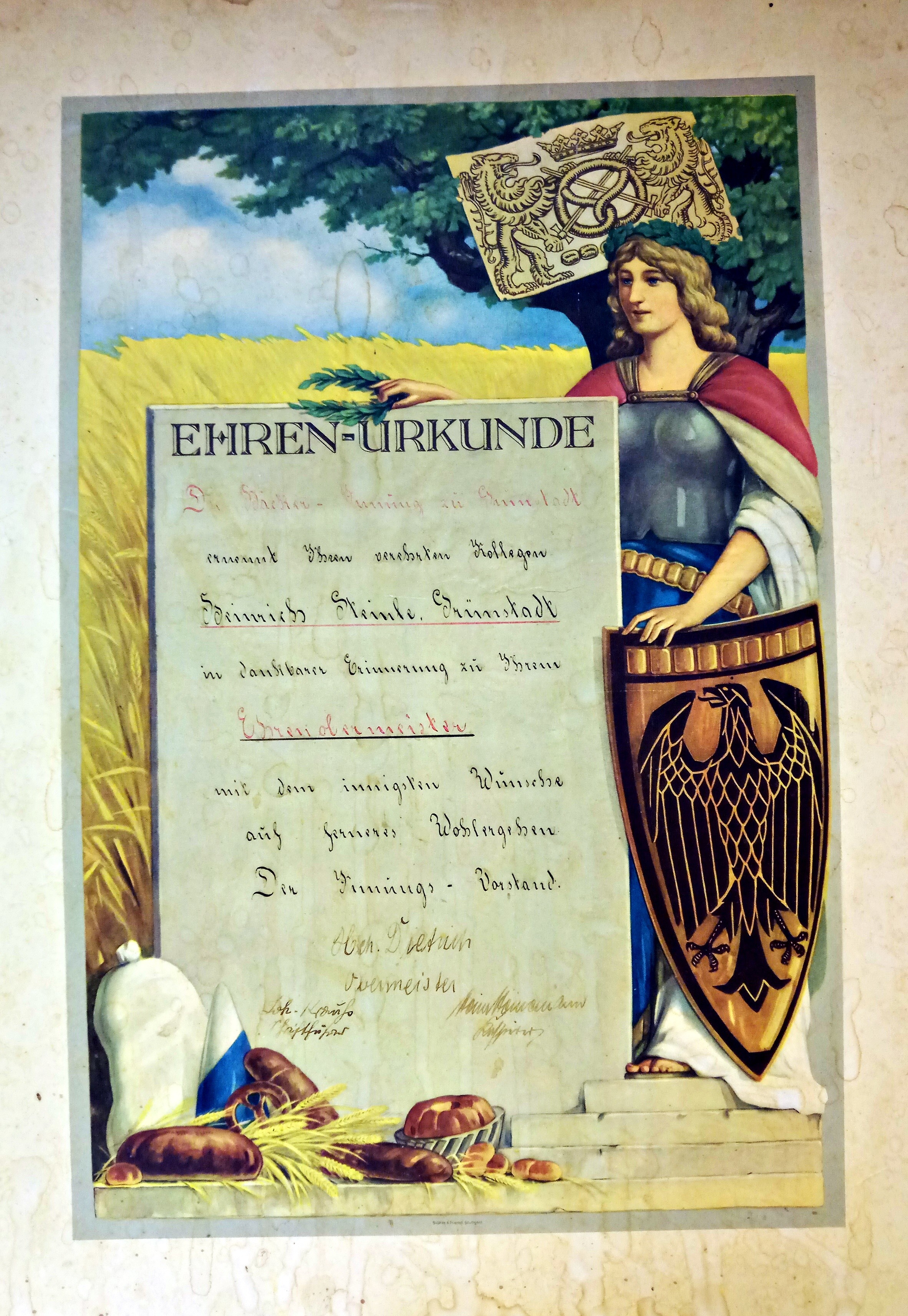 Ehrenurkunde Bäcker Steinle Grünstadt 2 (Museum Im Alten Rathaus Grünstadt CC BY-NC-SA)