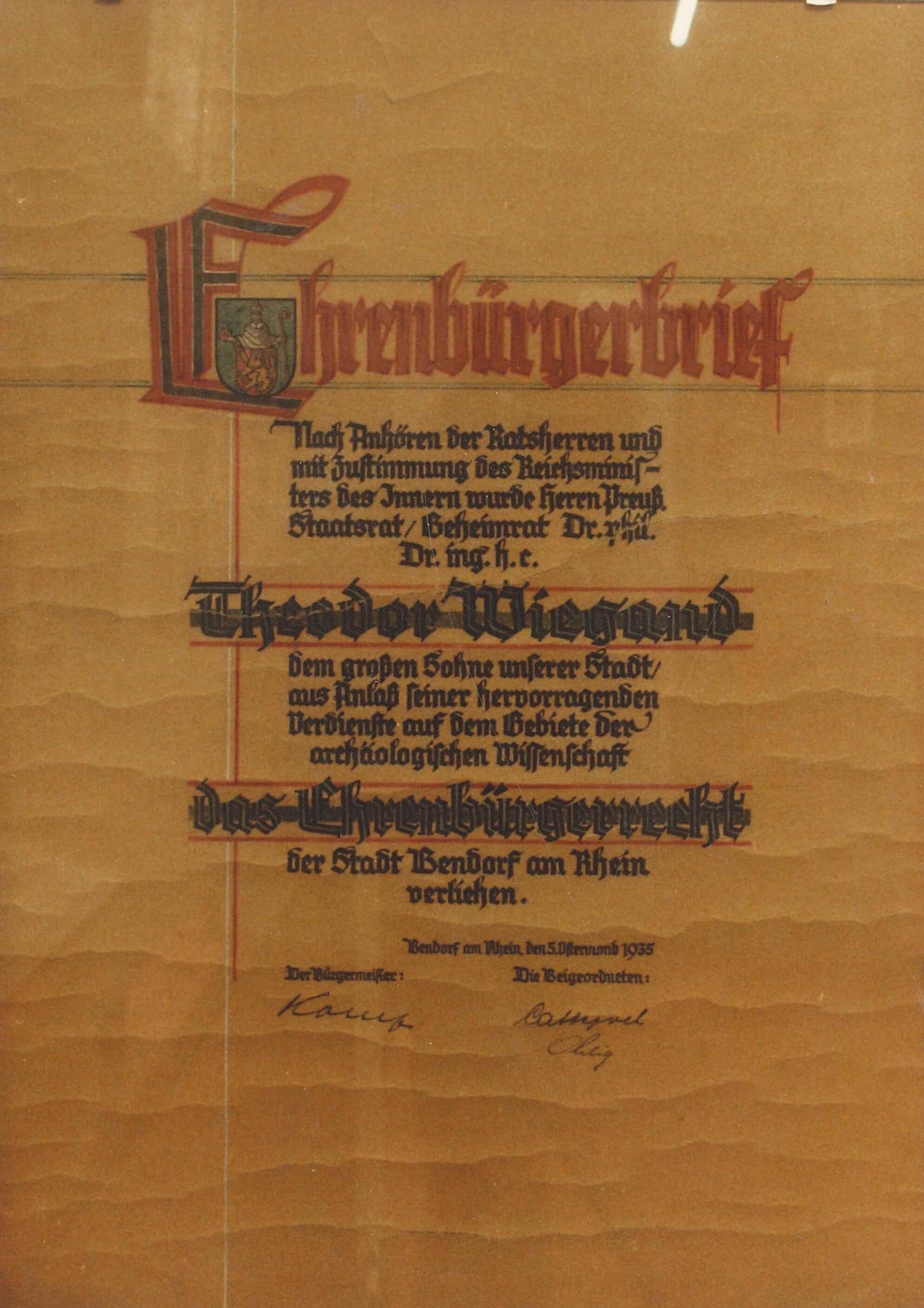 Ehrenbürgerbrief von Theodor Wiegand der Stadt Bendorf (Stiftung Sayner Hütte, Rheinisches Eisenkunstguss-Museum CC BY-NC-SA)
