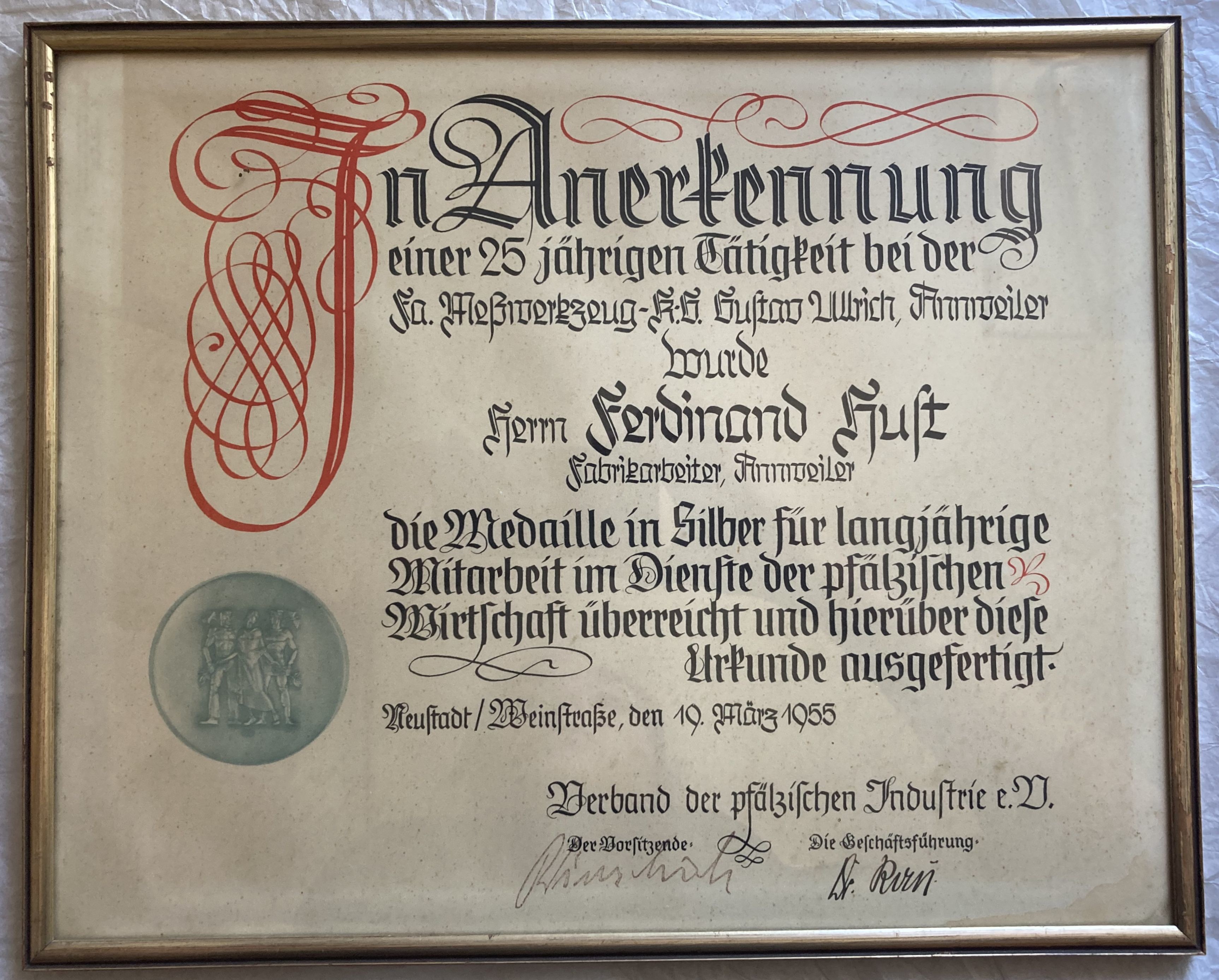 Urkunde zum Dienstjubiläum (Museum unterm Trifels CC BY-NC-SA)