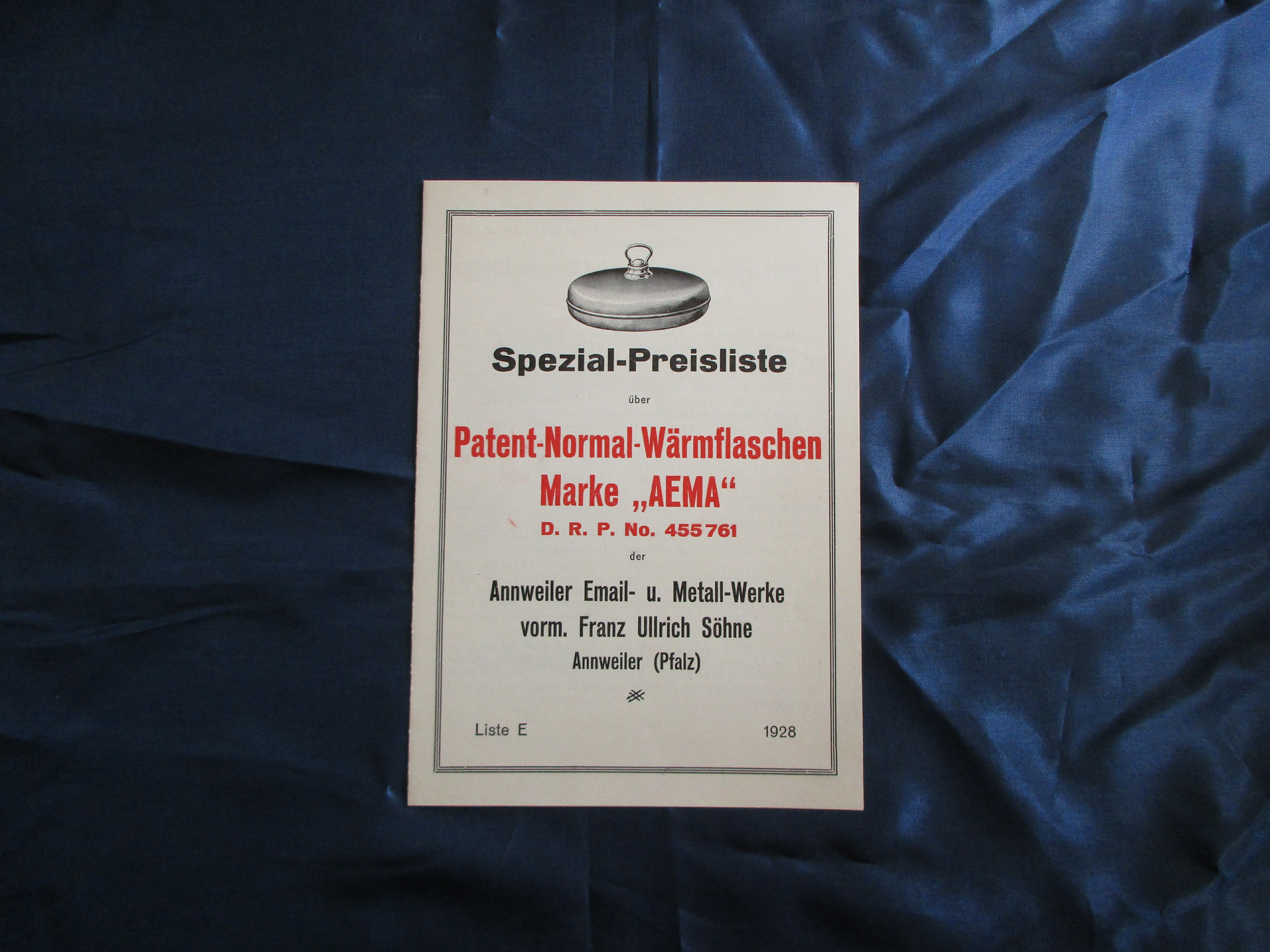 „Spezial-Preisliste“ über Patent-Normal-Wärmflaschen Marke „AEMA“ (Museum unterm Trifels CC BY-NC-SA)