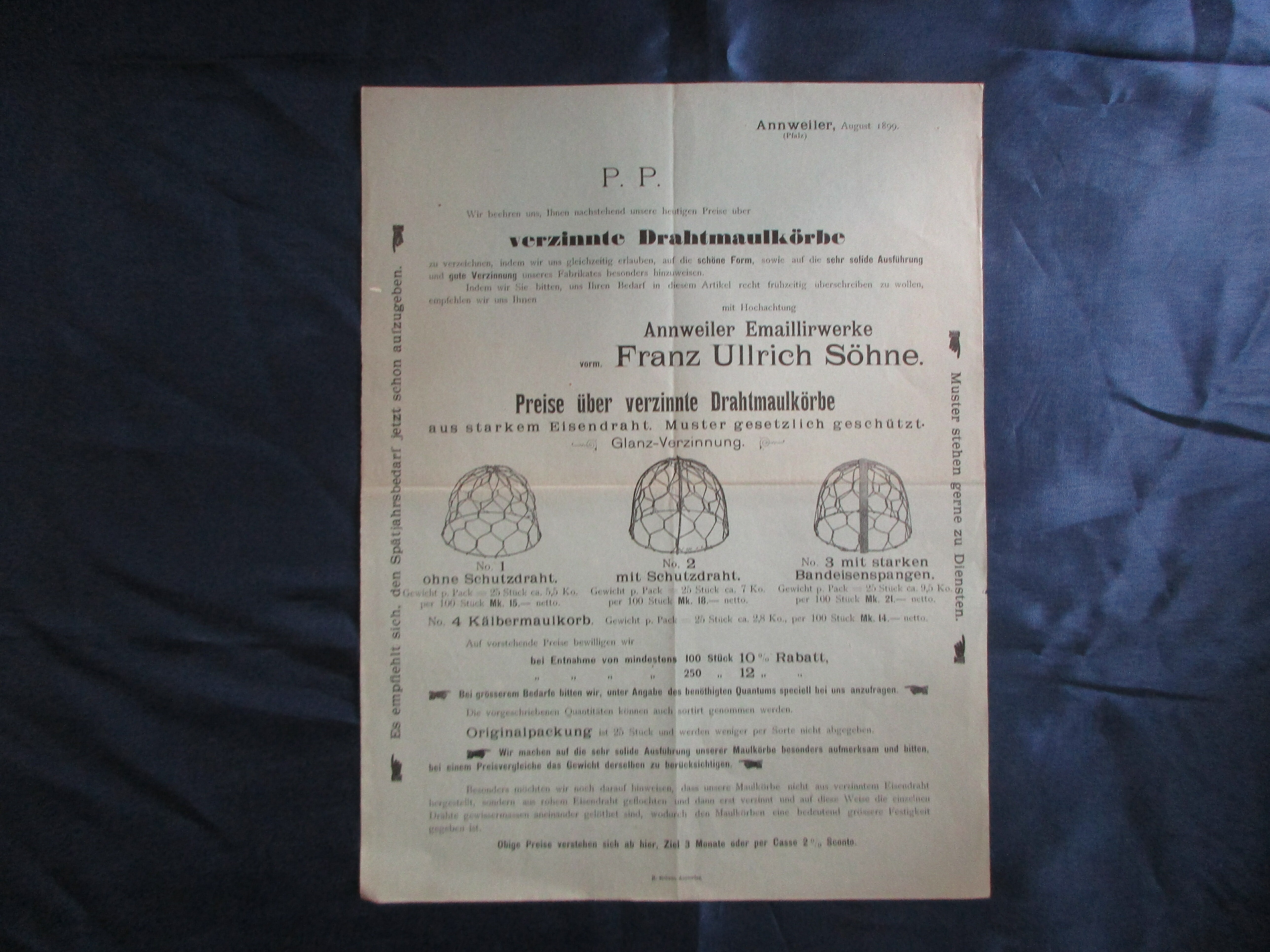 Werbeblatt für „Preise über verzinnte Drahtmaulkörbe“ (Museum unterm Trifels CC BY-NC-SA)
