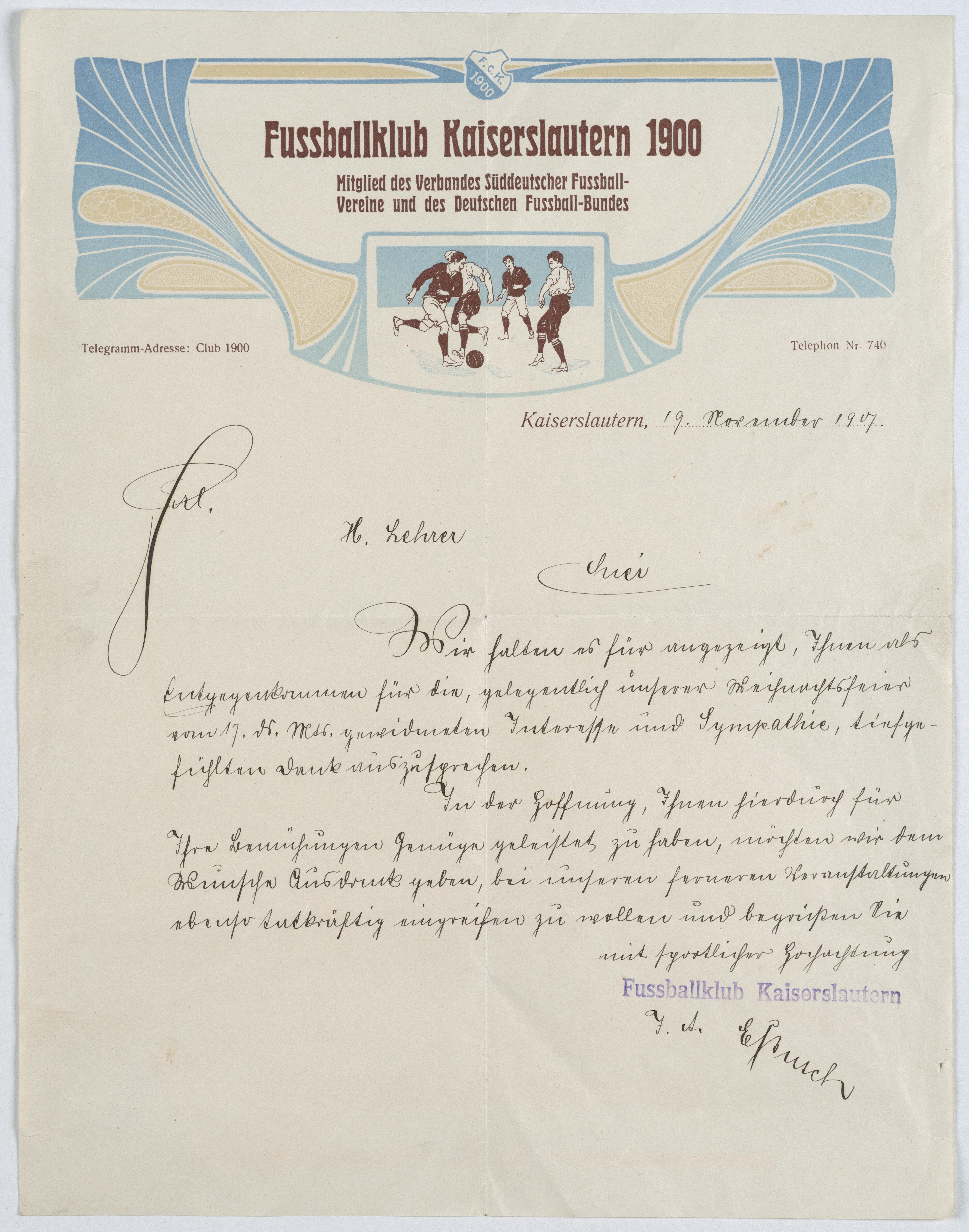 Briefbogen mit Briefkopf (FCK-Museum Orphan Work)