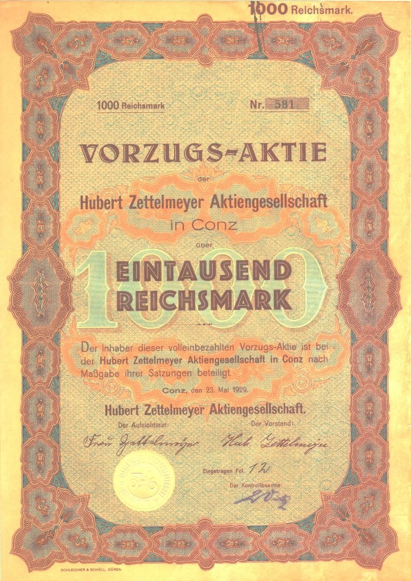 Vorzugsaktie der Firma Zettelmeyer aus dem Jahr 1929 (Freilichtmuseum Roscheider Hof CC0)