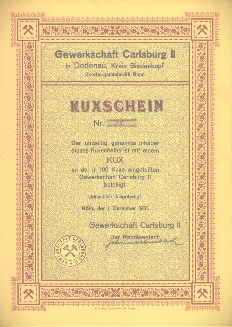 Kuxschein der Gewerkschaft Carlsburg II (Freilichtmuseum Roscheider Hof CC0)