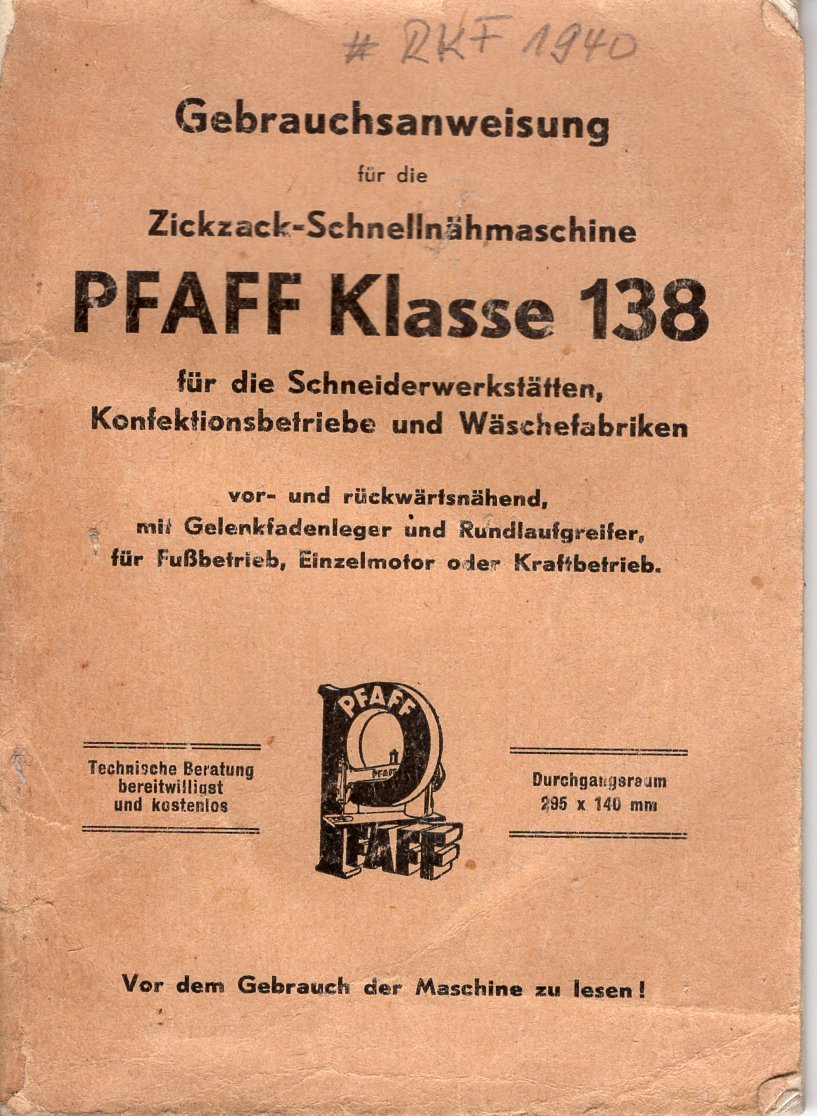 Bedienungsanleitung für Nähmaschine Pfaff Klasse 138 (Freilichtmuseum Roscheider Hof CC0)