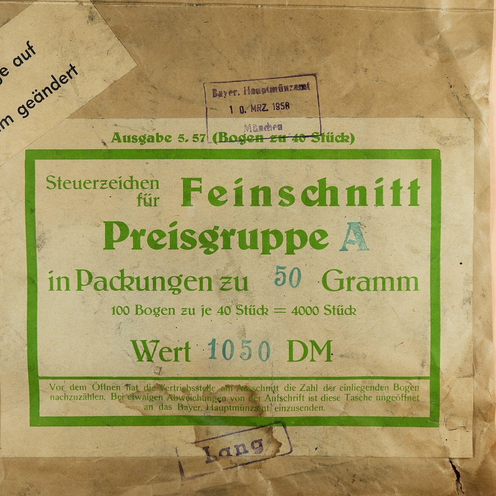 Tabaksteuer Banderole für Feinschnitt (Volkskunde- und Freilichtmuseum Roscheider Hof CC0)