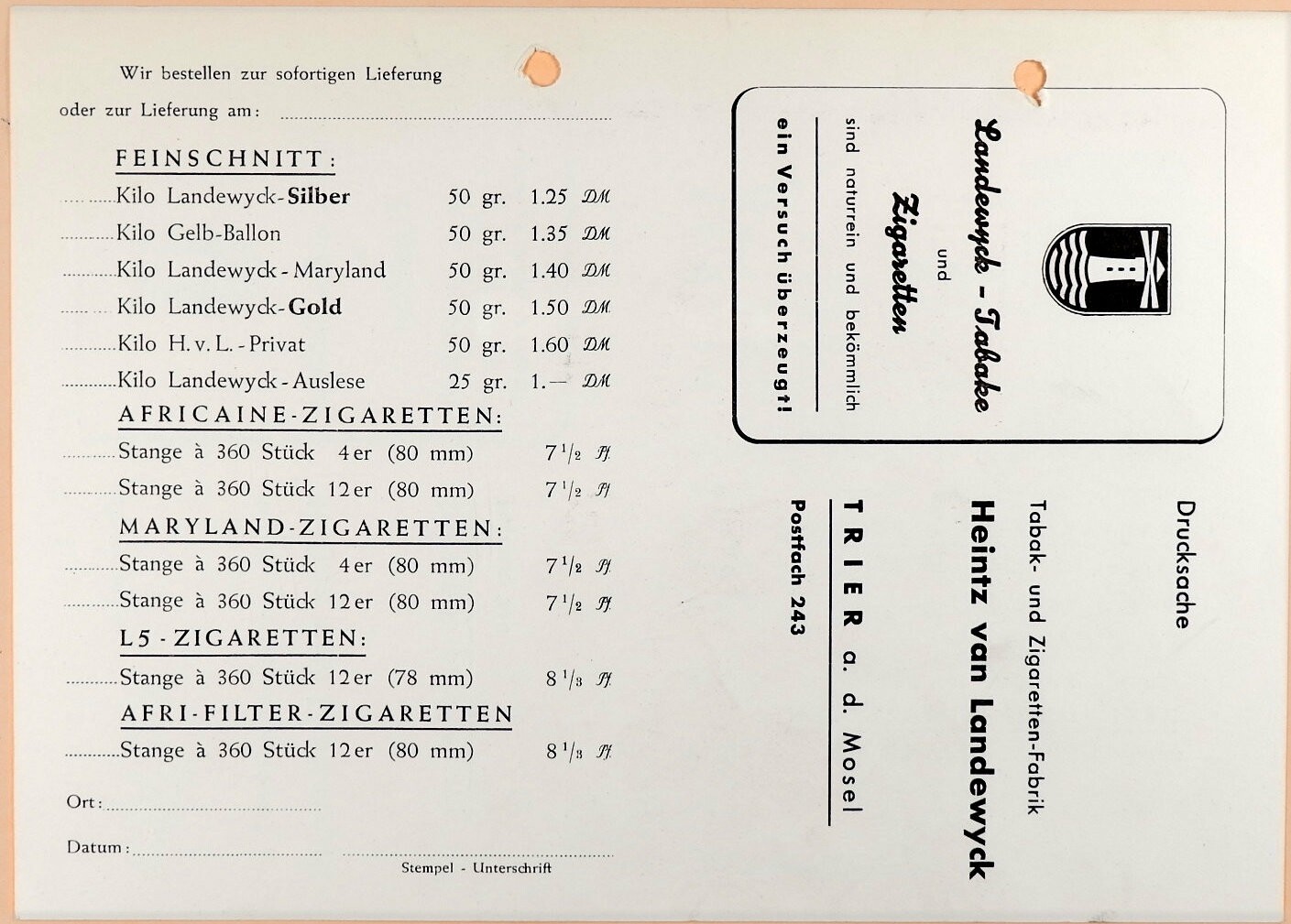Preisliste/Bestellkarte - Firma Landewyk, Trier	Zigaretten & Feinschnitt (Volkskunde- und Freilichtmuseum Roscheider Hof CC0)