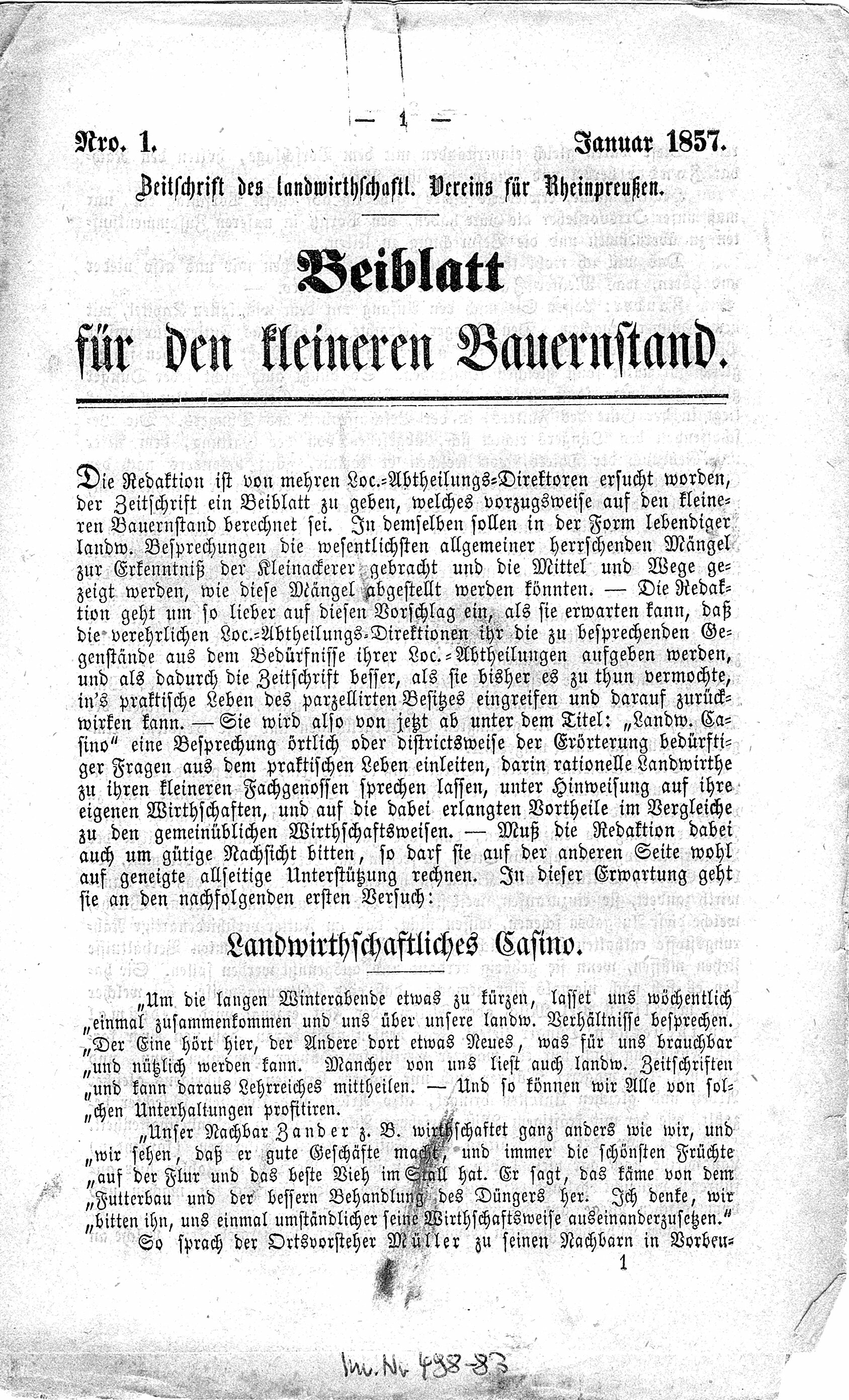Beiblatt für den kleinen Bauernstand Januar 1857 (Volkskunde- und Freilichtmuseum Roscheider Hof CC0)