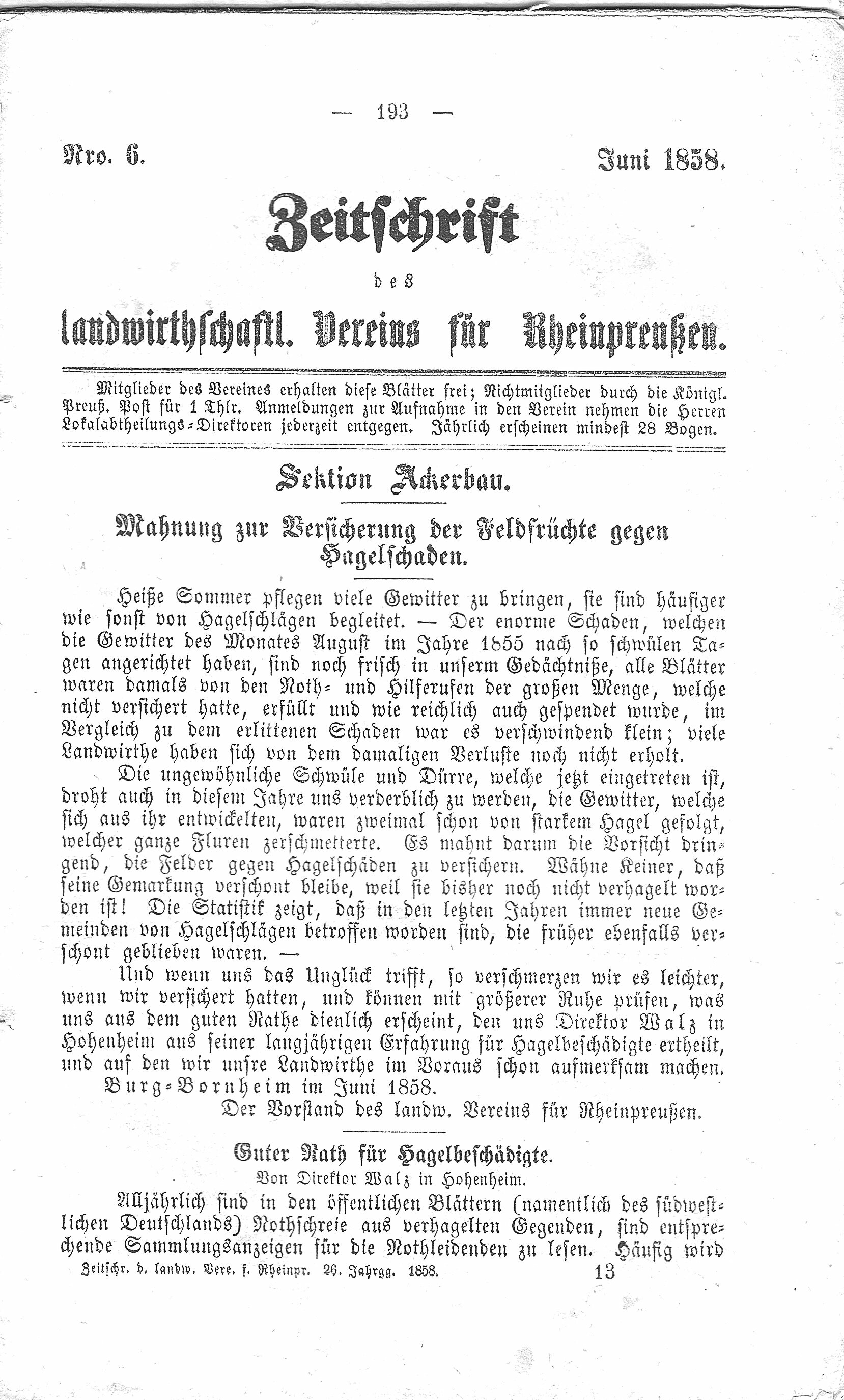 Zeitschrift des landwirtschaftlichen Vereins für Rheinpreußen Juni1857 (Volkskunde- und Freilichtmuseum Roscheider Hof CC0)