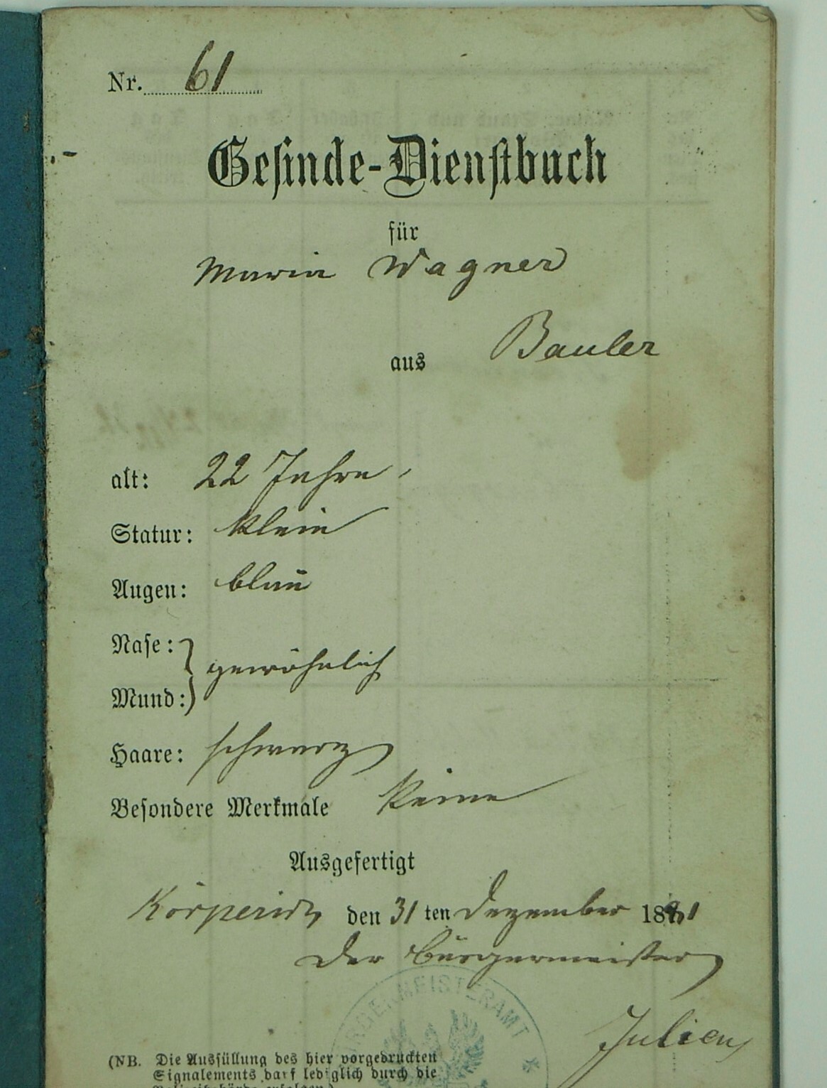 Gesinde-Dienstbuch: Maria Wagner (Volkskunde- und Freilichtmuseum Roscheider Hof CC0)