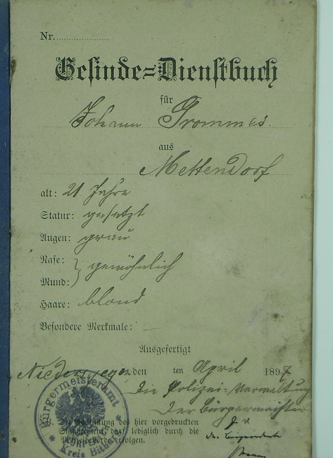 Gesinde-Dienstbuch: Johann Trommes (Volkskunde- und Freilichtmuseum Roscheider Hof CC0)