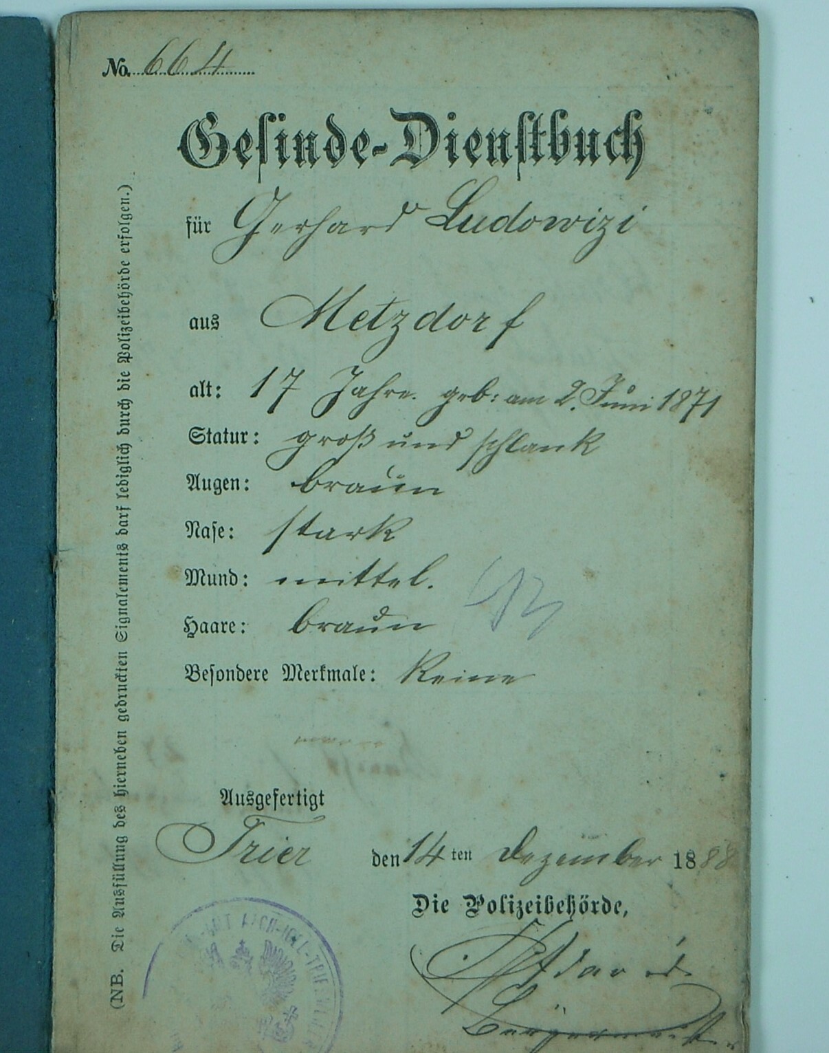 Gesinde-Dienstbuch: Burgard Ludwigs (Volkskunde- und Freilichtmuseum Roscheider Hof CC0)